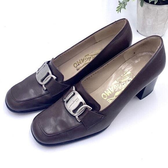 Salvatore Ferragamo Womens Brown Chunky Block DQ 66986 Sz 4 Silver Accent Heels - Picture 1 of 10